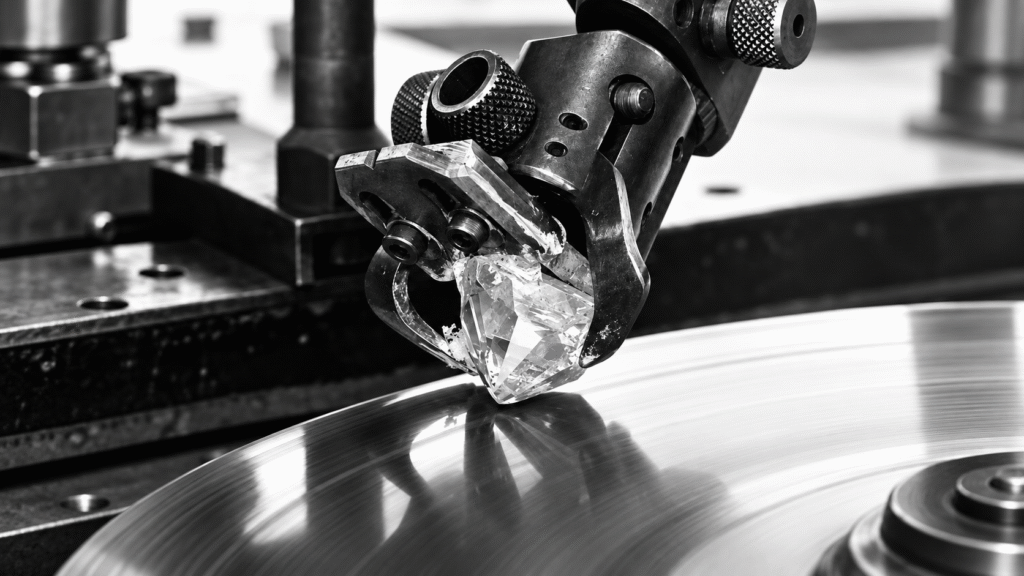 Diamond being polished during the diamond cutting process