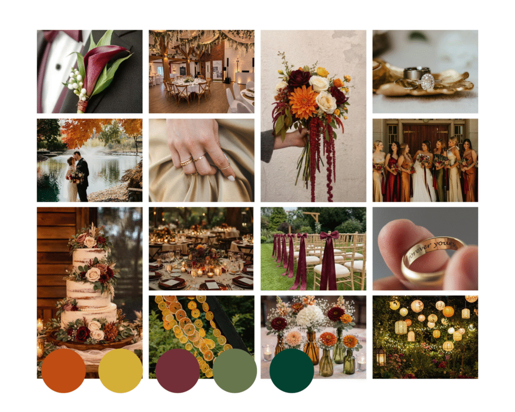 Autumn wedding colour palette with terracotta, gold, burgundy, fern green and emerald green