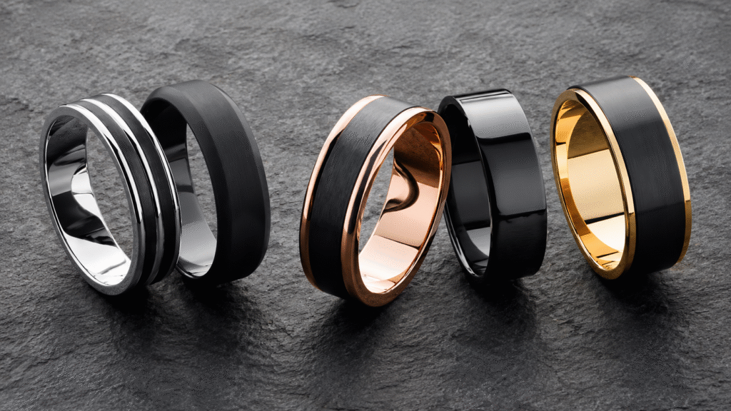 Black zirconium mens wedding rings