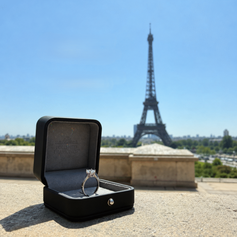 Engagement ring inside proposal box in Paris