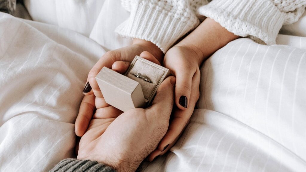 Proposal at home engagement ring inside box