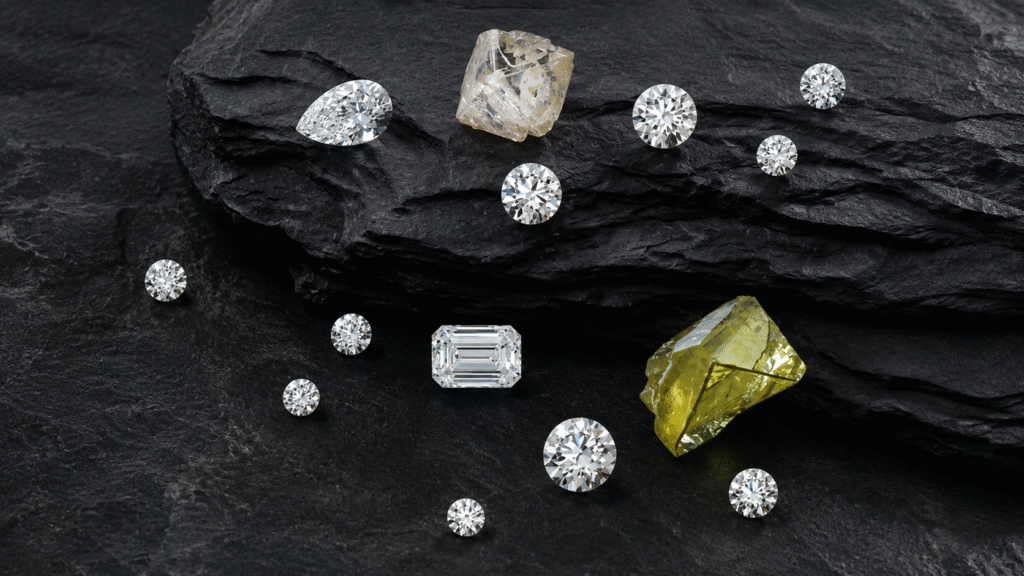 Rough and Cut Diamonds in Different Colours