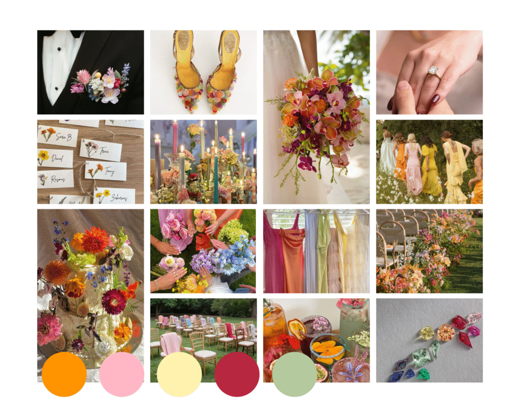 Spring wedding colour palette with tangerine, blush pink, butter yellow, raspberry and pistachio green