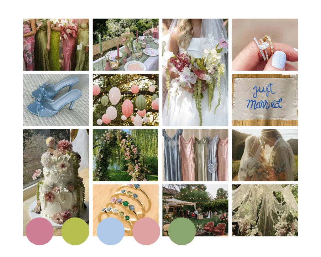 Summer wedding colour palette with berry pink, chartreuse, sky blue, dusty rose and sage green