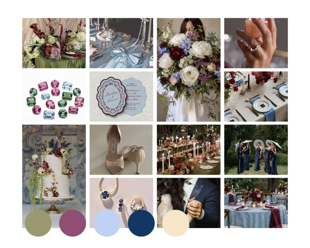 Winter wedding colour palette with olive green, plum, periwinkle, navy and champagne