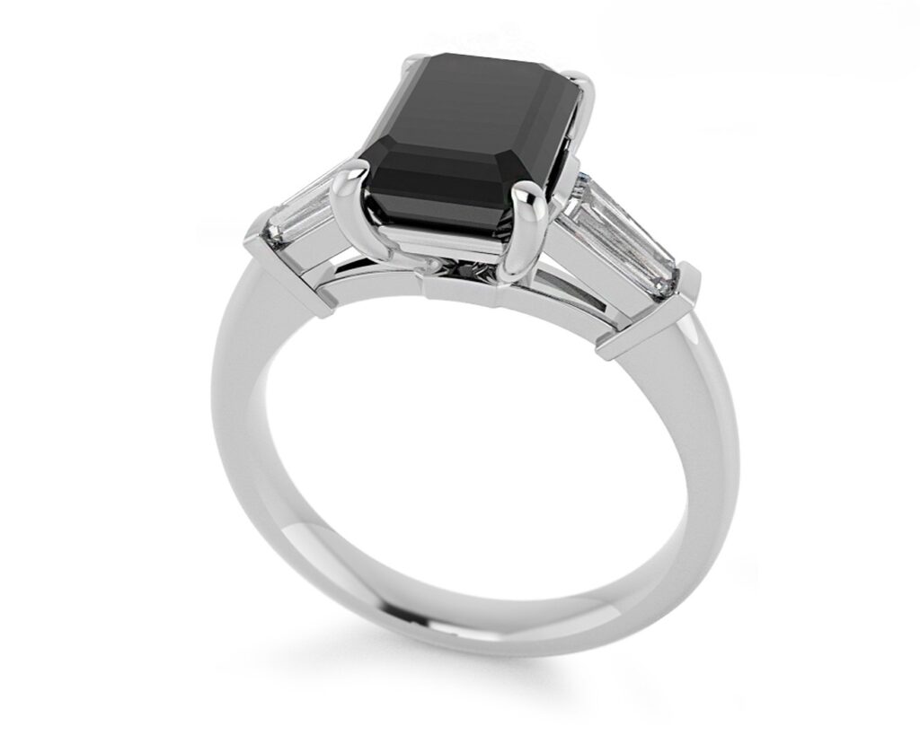 Platinum black diamond trilogy engagement ring