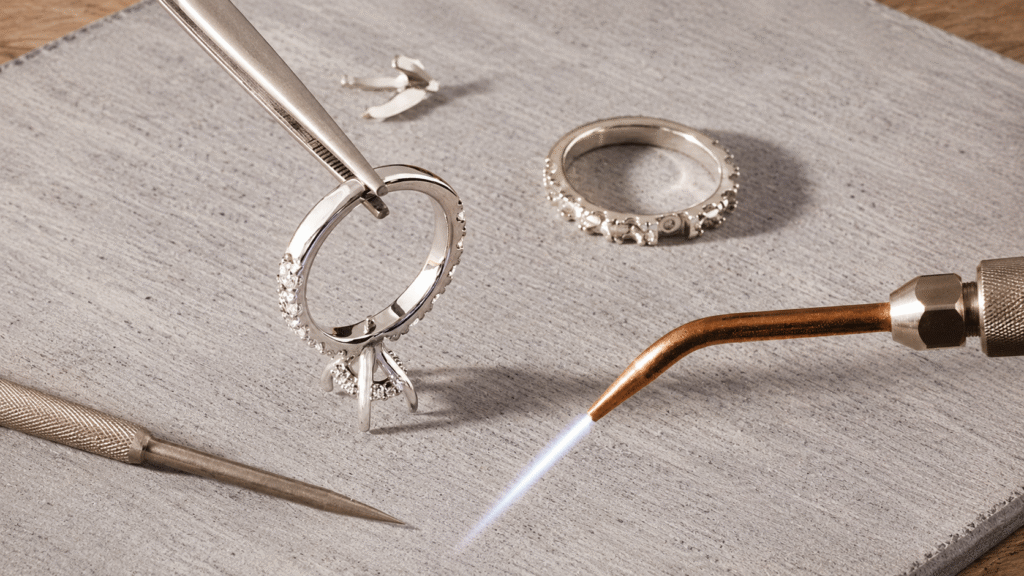 custom engagement and wedding ring in workshop
