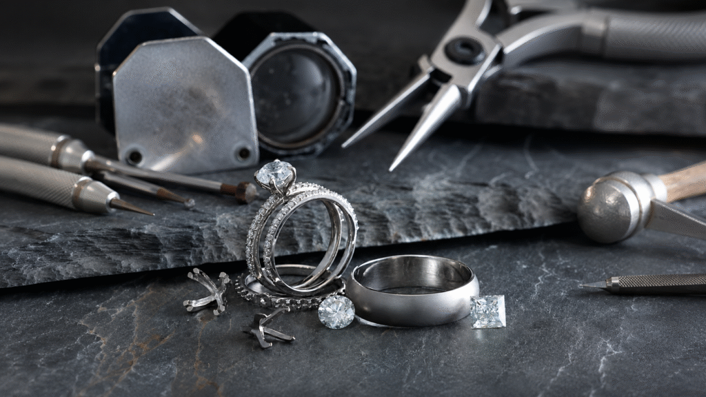 Jewellers bench with platinum engagement ring