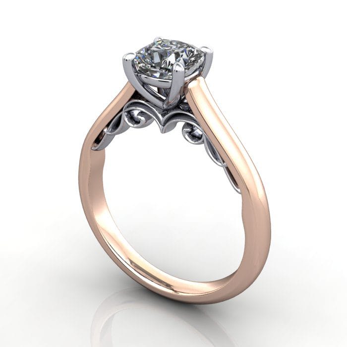 Solitaire Diamond Ring, RS35. Rose Gold, Cushion, 3D