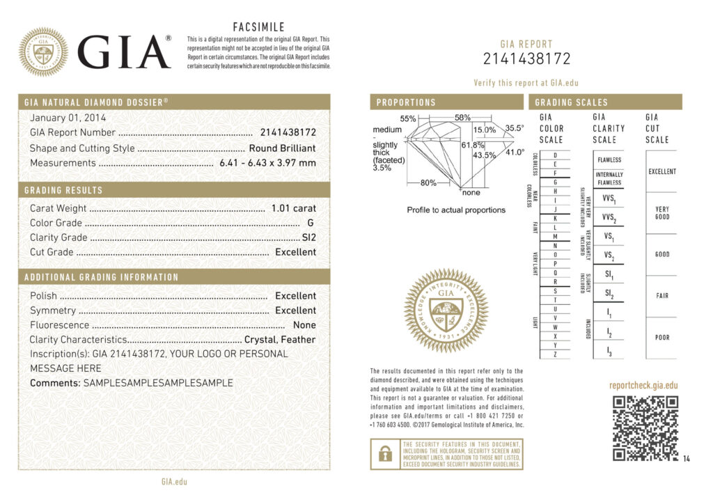 Example of an independent diamond grading report and report number