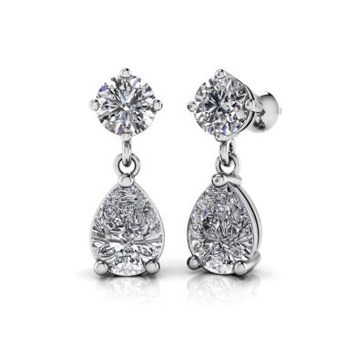 Round and Pear Drop earrings, White Gold