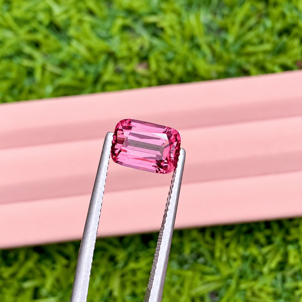 Tweezers holding pink tourmaline
