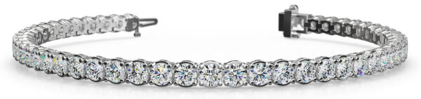 A stunning silver diamond tennis bracelet adorned with round, sparkling gemstones.