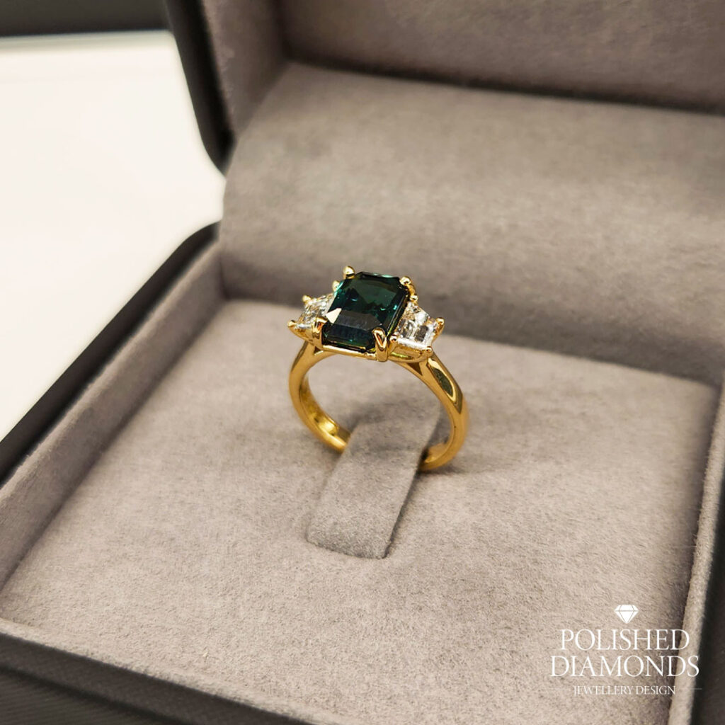 Green Sapphire & Diamond Trapezoid Trilogy Ring