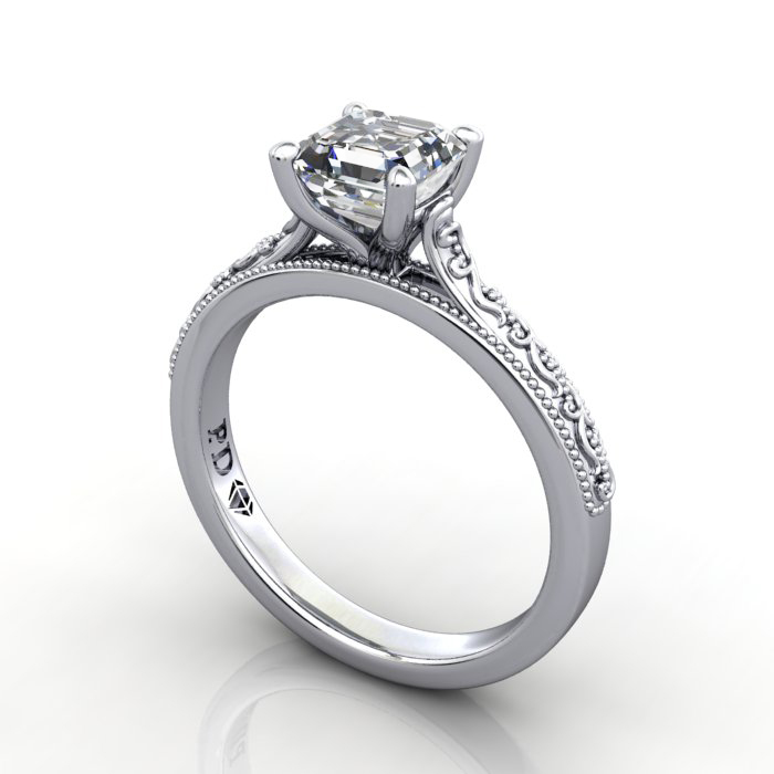 Asscher Cut Vintage Diamond Ring Platinum RV2 3D