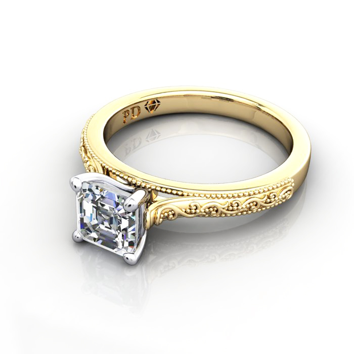 Asscher Cut Vintage Diamond Ring Yellow Gold RV2 LF Asscher Cut Vintage Diamond Ring Yellow Gold RV2 LF