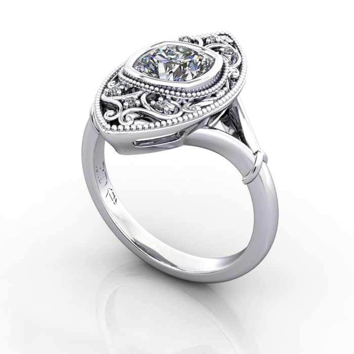 Cushion Cut Vintage Diamond Ring Platinum RV5 3D