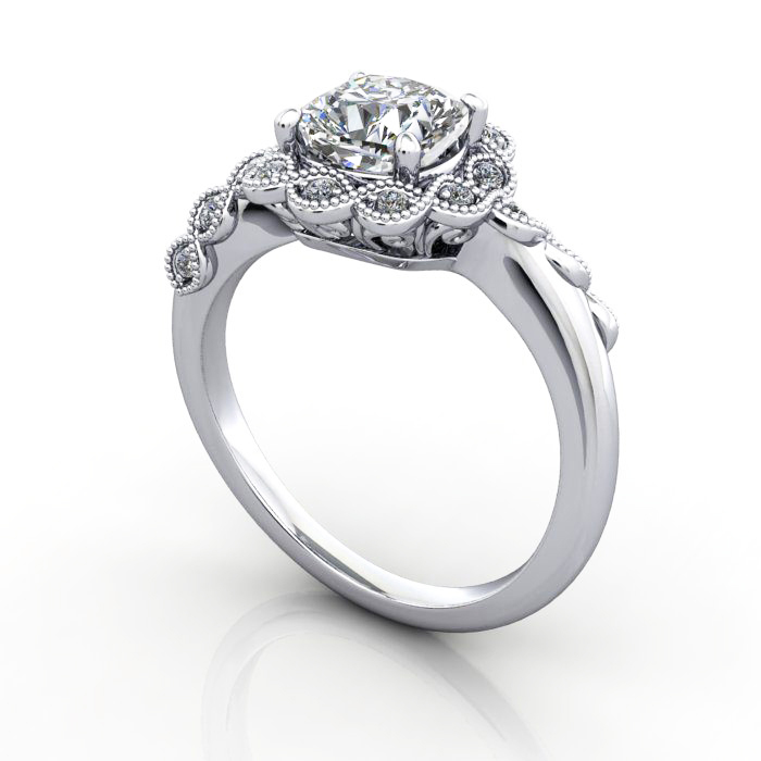 Cushion Cut Vintage Diamond Ring Platinum RV6 3D
