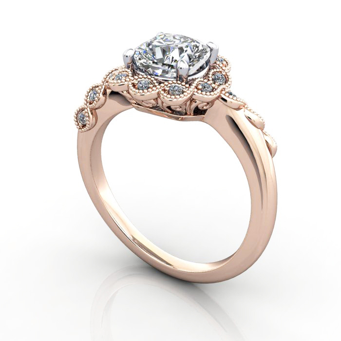 Cushion Cut Vintage Diamond Ring Rose Gold RV6 3D Cushion Cut Vintage Diamond Ring Rose Gold RV6 3D
