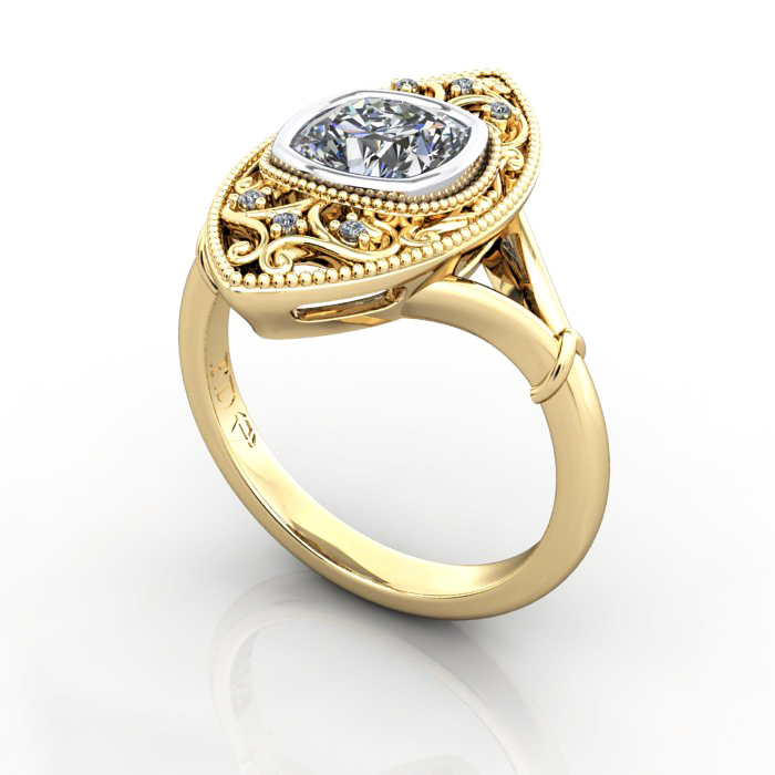 Cushion Cut Vintage Diamond Ring Yellow Gold RV5 3D Cushion Cut Vintage Diamond Ring Yellow Gold RV5 3D