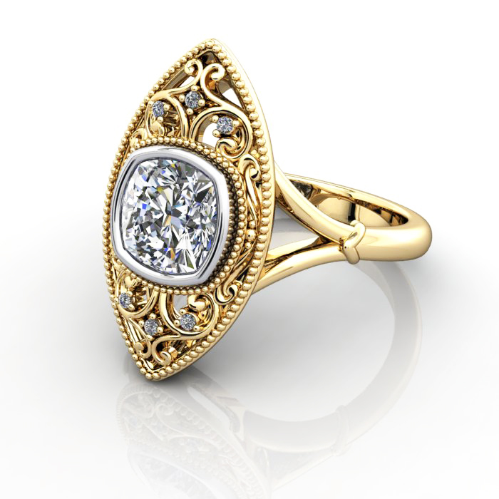 Cushion Cut Vintage Diamond Ring Yellow Gold RV5 LF Cushion Cut Vintage Diamond Ring Yellow Gold RV5 LF