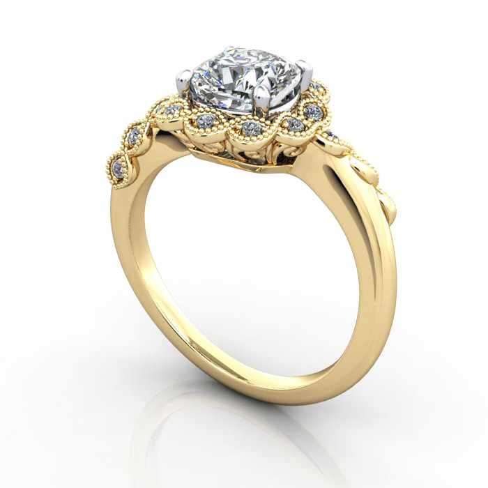 Cushion Cut Vintage Diamond Ring Yellow Gold RV6 3D Cushion Cut Vintage Diamond Ring Yellow Gold RV6 3D