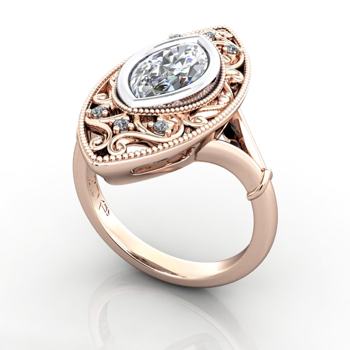 Marquise Cut Vintage Diamond Ring Rose Gold RV5 3D