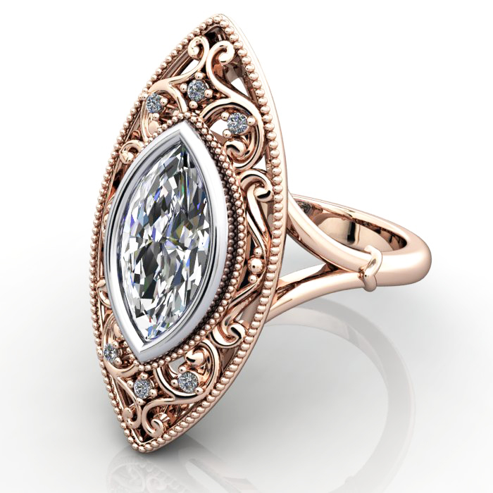 Marquise Cut Vintage Diamond Ring Rose Gold RV5 LF