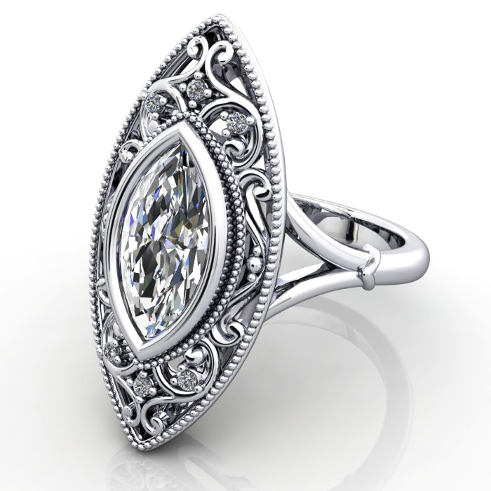 Marquise Cut Vintage Diamond Ring White Gold RV5 LF Marquise Cut Vintage Diamond Ring White Gold RV5 LF