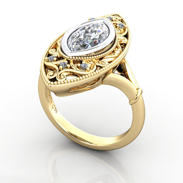 Marquise Cut Vintage Diamond Ring Yellow Gold RV5 3D