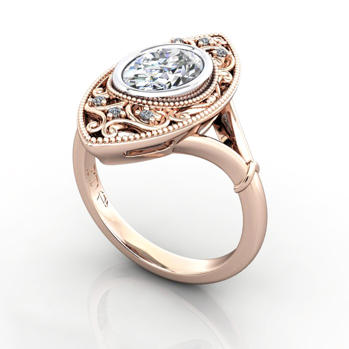 Oval Cut Vintage Diamond Ring Rose Gold RV5 3D
