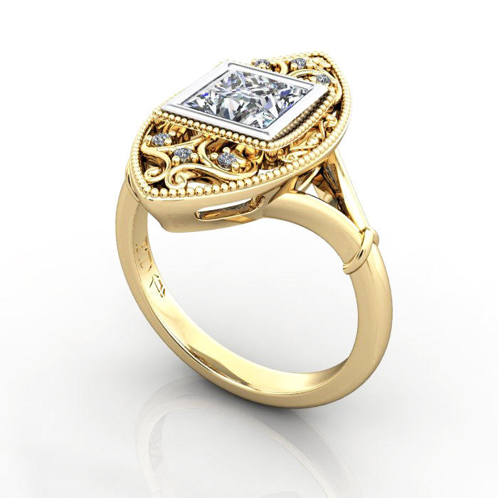 Princess Cut Vintage Diamond Ring Yellow Gold RV5 3D