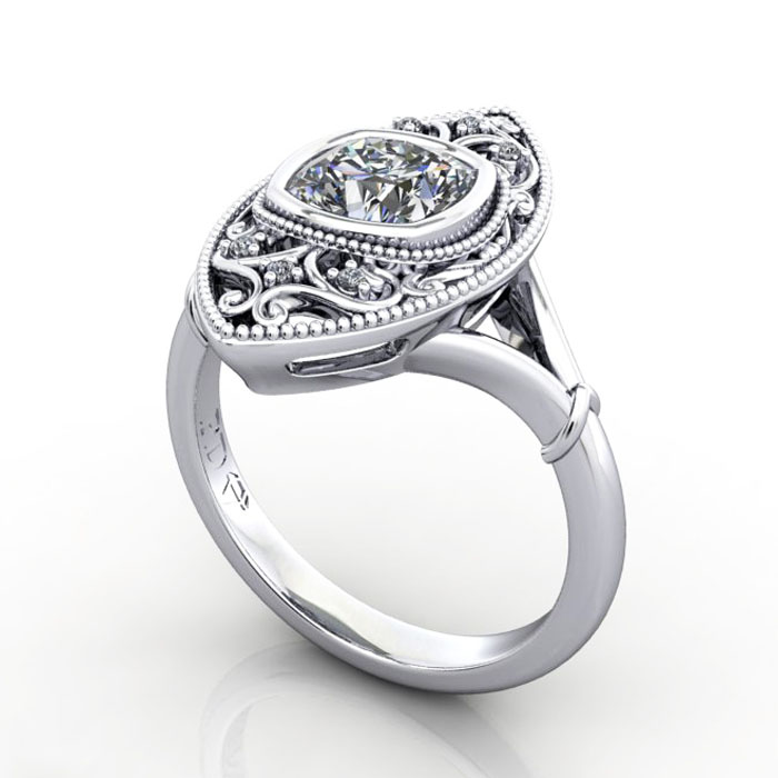 Thumb Cushion Cut Vintage Diamond Ring White Gold RV5 3D