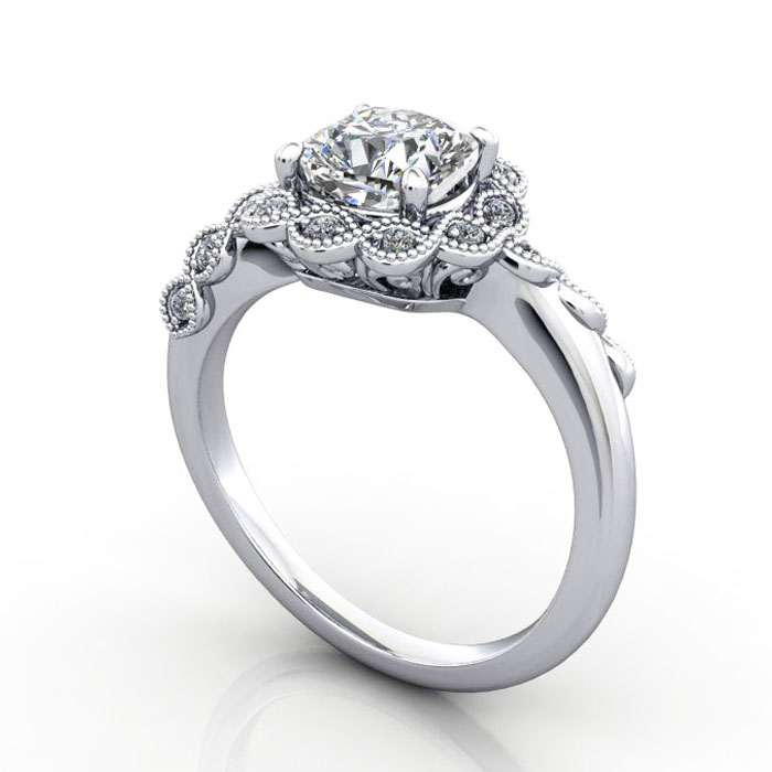 Thumb Cushion Cut Vintage Diamond Ring White Gold RV6 3D