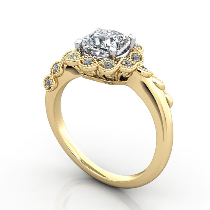 Thumb Cushion Cut Vintage Diamond Ring Yellow Gold RV6 3D