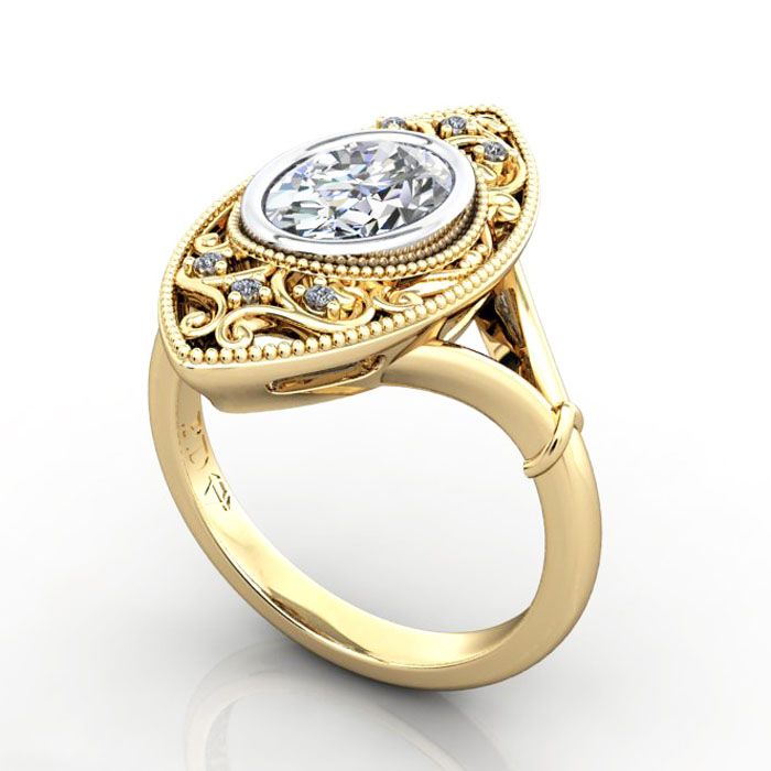 Thumb Oval Cut Vintage Diamond Ring Yellow Gold RV5 3D