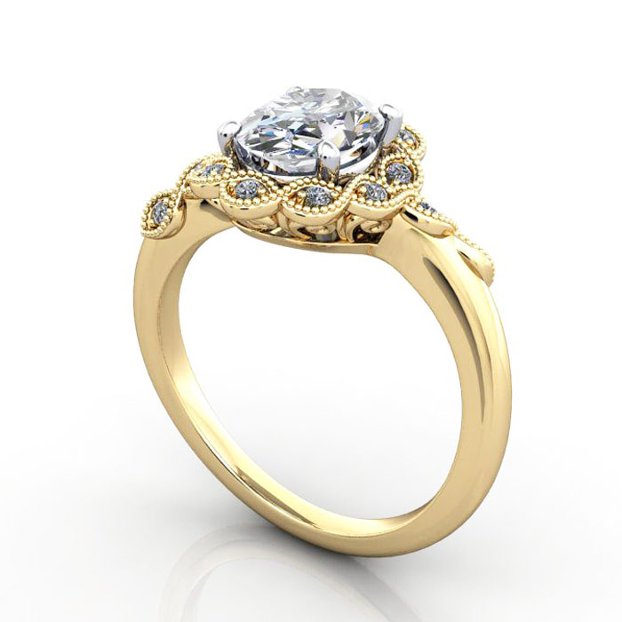 Thumb Oval Cut Vintage Diamond Ring Yellow Gold RV6 3D