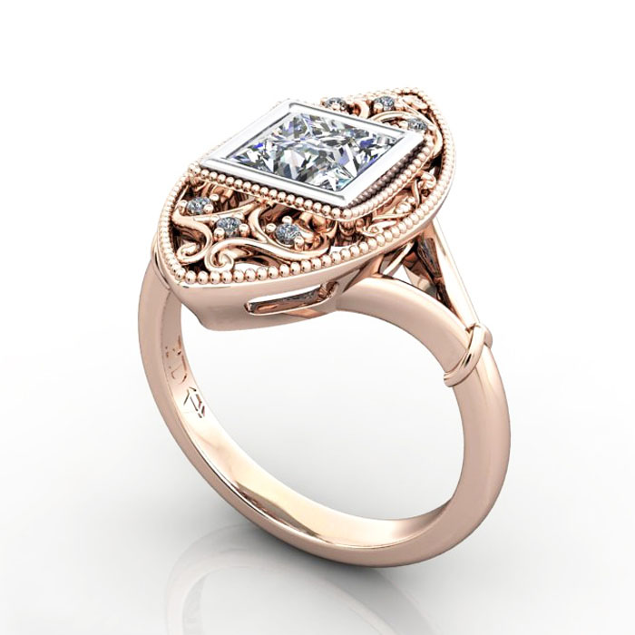 Thumb Princess Cut Vintage Diamond Ring Rose Gold RV5 3D