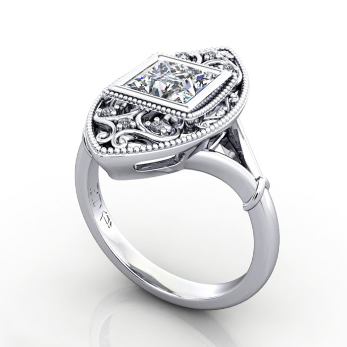 Thumb Princess Cut Vintage Diamond Ring White Gold RV5 3D