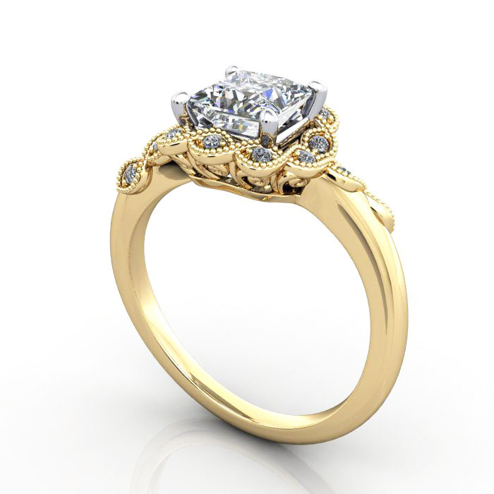 Thumb Princess Cut Vintage Diamond Ring Yellow Gold RV6 3D