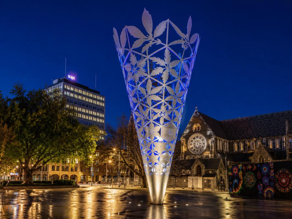 Christchurch Chalice illuminated at night in Cathedral Square